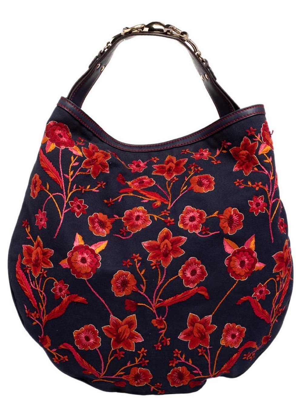 Gucci Navy Blue/Red Floral Embroidered Canvas And Leather Wave Hobo